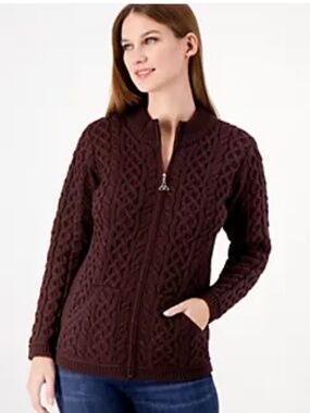 Aran Crafts Merino Wool Zip-Front Cardigan Brown s